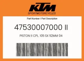 47530007000 Ktm Genuine Piston Ii Cpl. 105 Sx 52mm 04 -